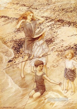 three women at the table by the lamp Painting - Children By The Sea illustrator Arthur Rackham